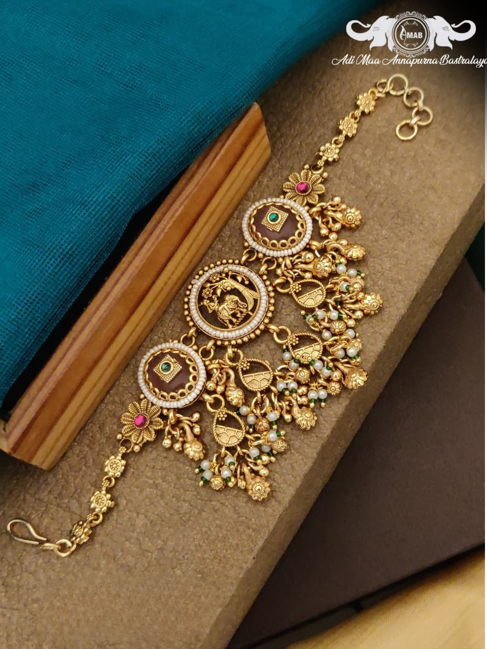 Wholesale Antique Gold Rajwadi Bracelet with Jhallar Drops