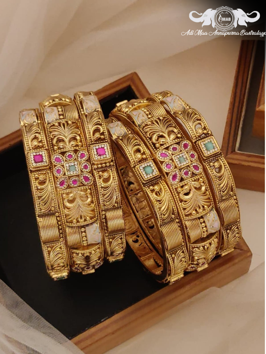 Wholesale Antique Gold Chokshi Kada Bangles with Meenakari (6 Pcs)