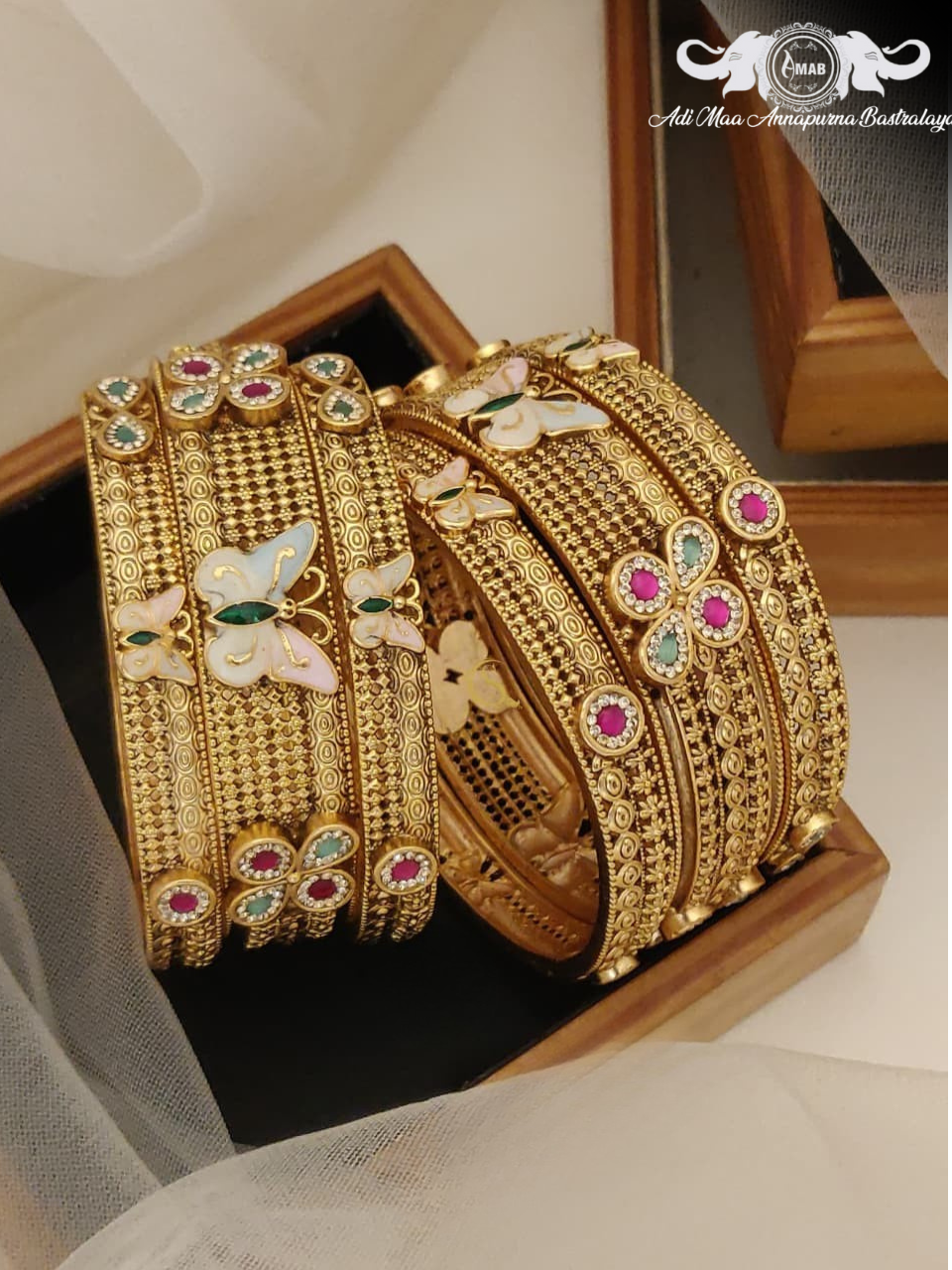 Wholesale Antique Gold Butterfly Bangle Set with Meenakari (6 Pcs)