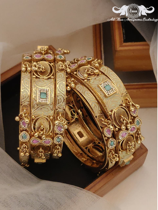 Wholesale Antique Gold Kada Bangles with Mint Meenakari (6 Pcs)