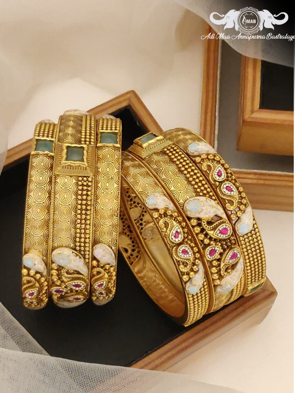 Wholesale Antique Gold Kada Bangles with White Meenakari (6 Pcs)