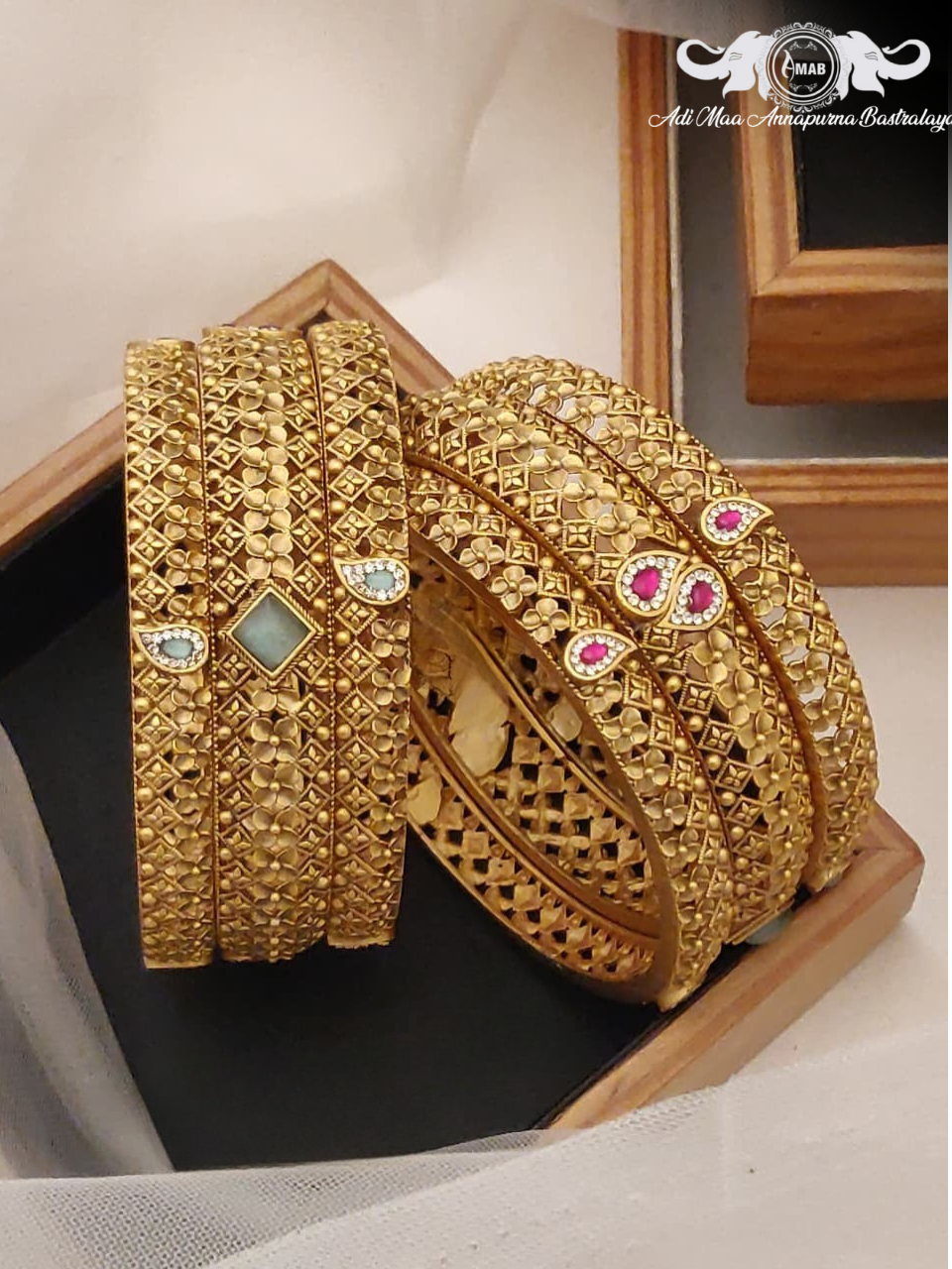 Wholesale Antique Gold Kada Bangles with AD/Ruby Stones (6 Pcs)