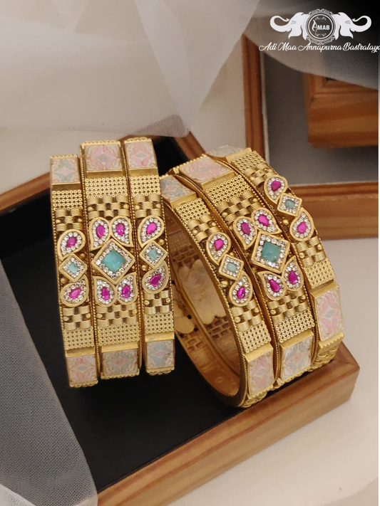 Wholesale Antique Gold Chokshi Bangles with Ruby/Turquoise (6 Pcs)
