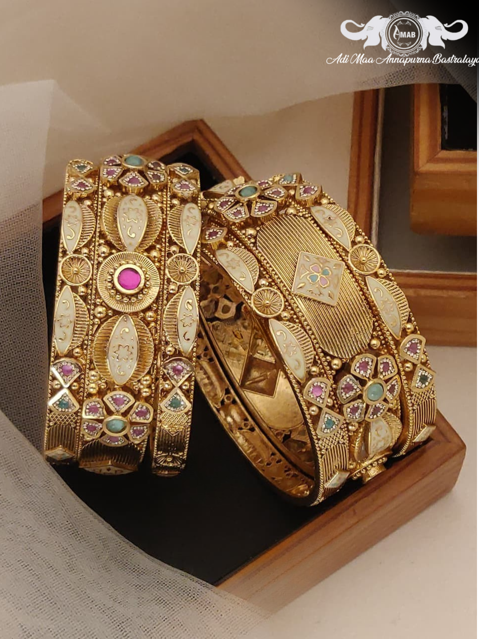 Wholesale Antique Gold Kada Bangles with White Meenakari (6 Pcs)