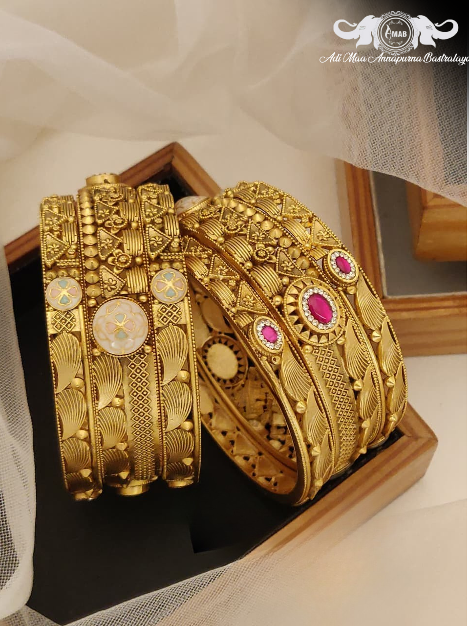 Wholesale Antique Gold Kada Bangles with Meenakari/Ruby (6 Pcs)