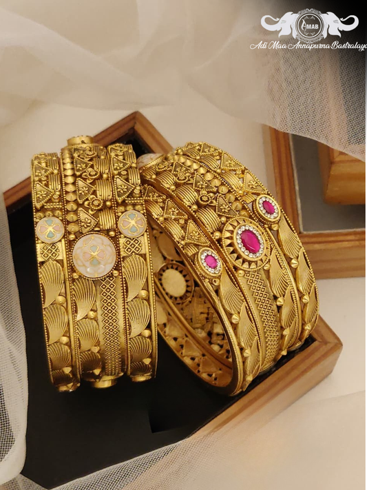 Wholesale Antique Gold Kada Bangles with Meenakari/Ruby (6 Pcs)