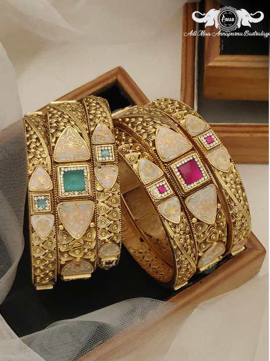Wholesale Antique Gold Kada Bangles with Meenakari/Stones (6 Pcs)