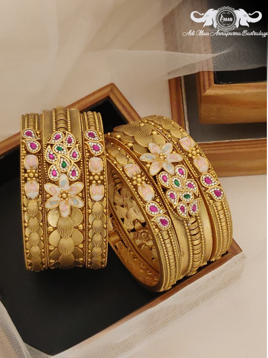 Wholesale Antique Gold Chokshi Bangles with Floral Meenakari (6 Pcs)