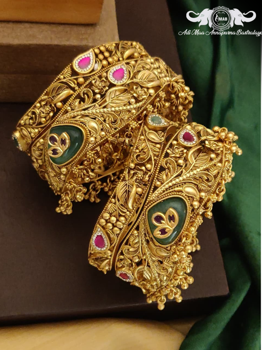 Wholesale Antique Gold Kada Bangles with Green Stone (4 Pcs)