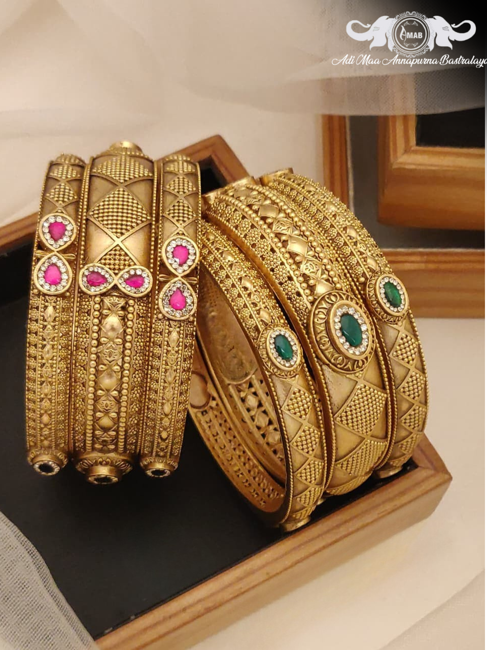 Wholesale Matte Gold Chokshi Bangles with Ruby & Emerald (6 Pcs)