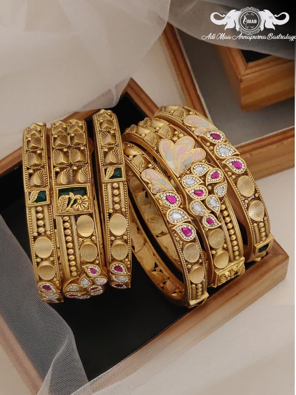 Wholesale Antique Gold Chokshi Bangles with Meenakari/Stones (6 Pcs)