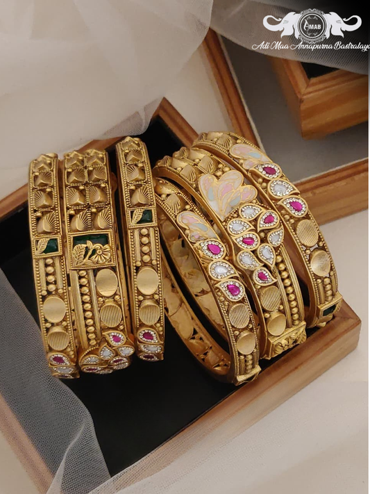 Wholesale Antique Gold Chokshi Bangles with Meenakari/Stones (6 Pcs)