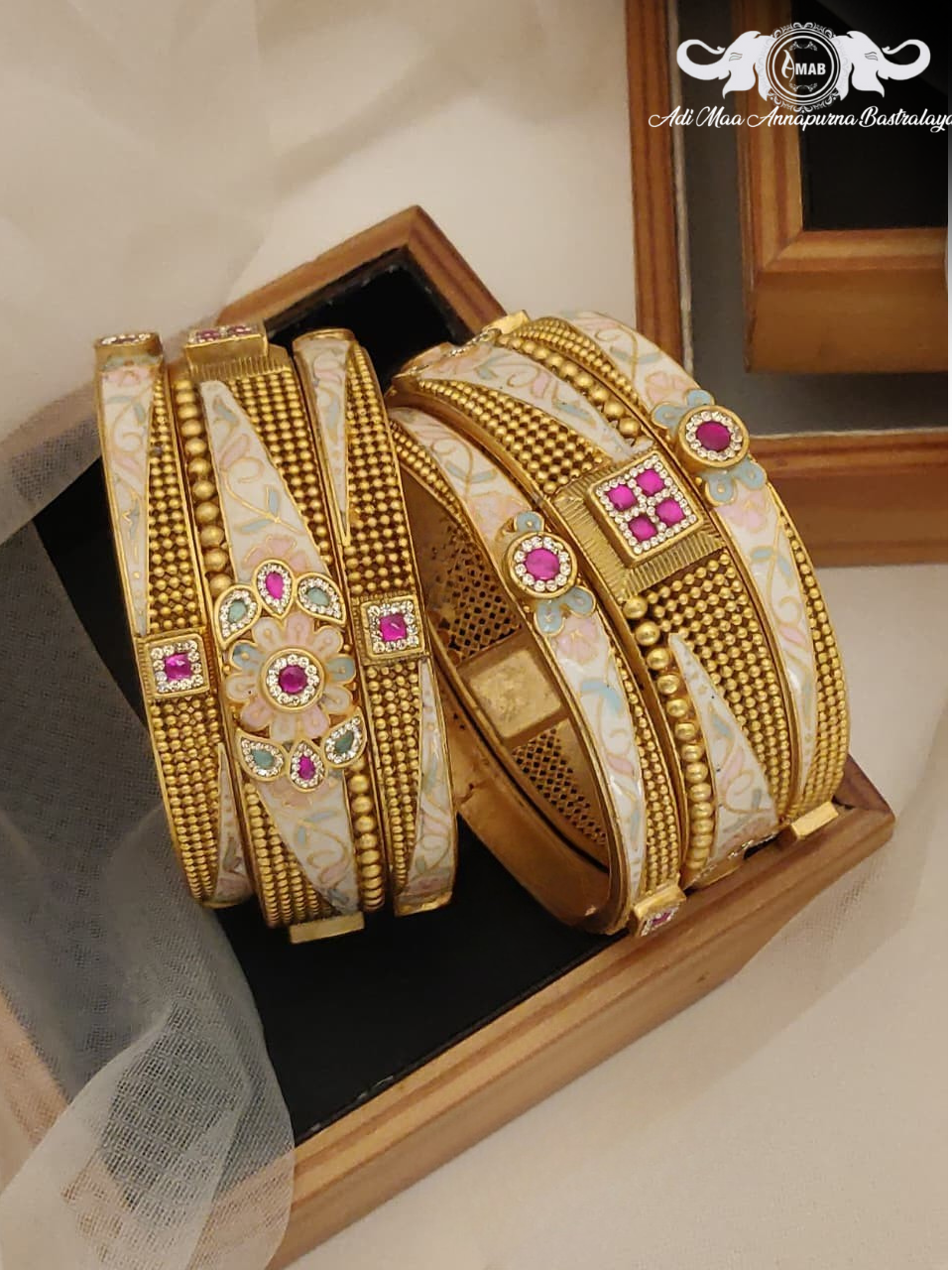 Wholesale Antique Gold Kada Bangles with White Meenakari (6 Pcs)