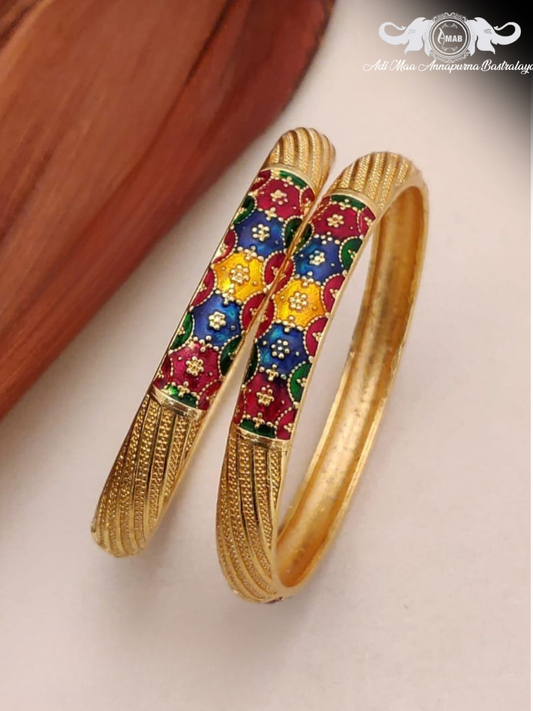 Wholesale Gold Plated Bangle Kada with Multi-Color Meena (Set of 2)