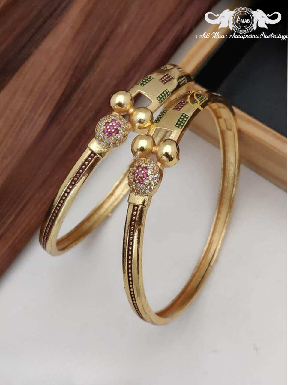 Wholesale Gold Plated Daily Wear Kadli with Ruby/AD (2 Pcs)