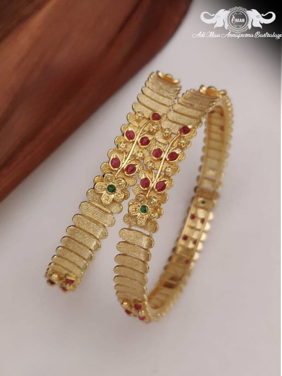 Wholesale Gold Plated Kadli Set with Ruby Floral Design (2 Pcs)