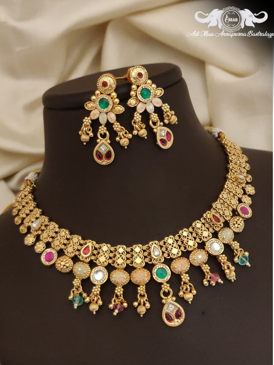 Wholesale Antique Gold Chokshi Choker Set with Multi-Color Drops