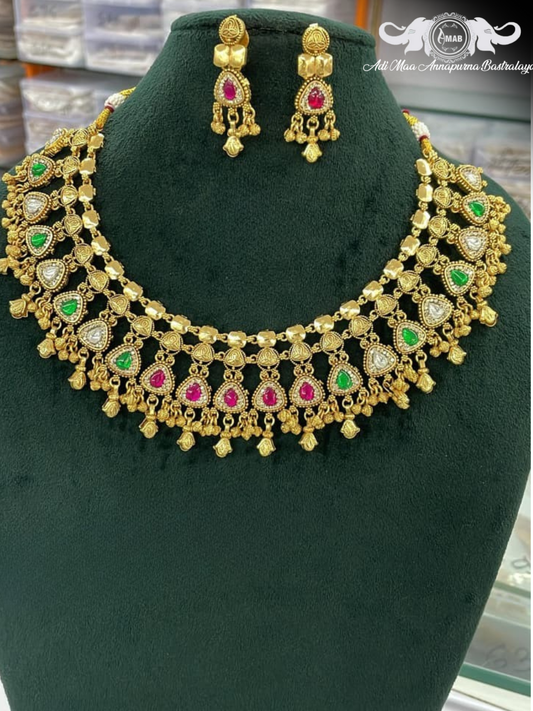 Wholesale Antique Gold Heritage Choker Set with Ruby/Green Stones