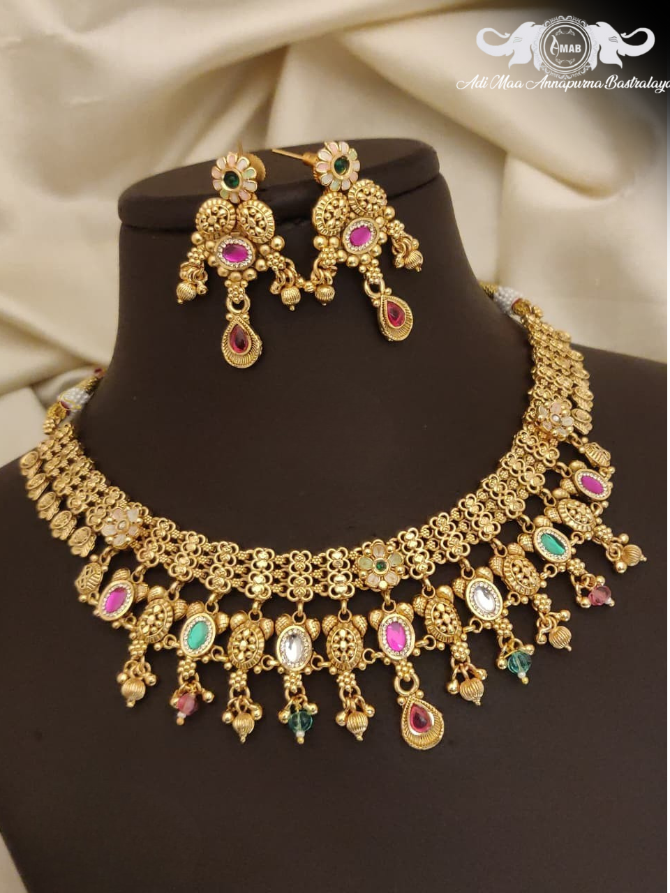 Wholesale Antique Gold Chorski Choker Set with Multi-Stone Drops