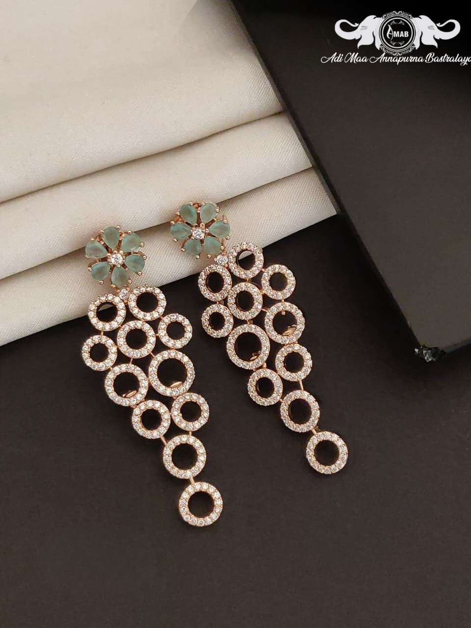 Wholesale Rose Gold AD Dangler Earrings Green Stone - Bulk