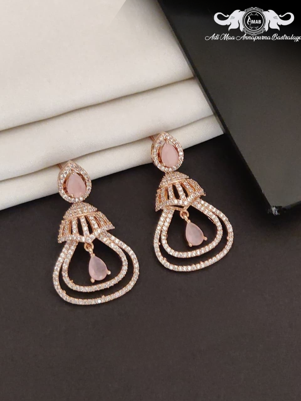 Wholesale Rose Gold AD Chandelier Earrings Pink Stone - Bulk