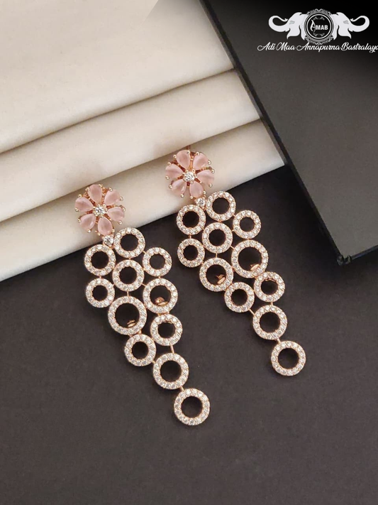 Wholesale Rose Gold AD Dangler Earrings Pink Flower - Bulk