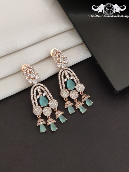 Wholesale Rose Gold AD Chandelier Earrings Mint Stone - Bulk