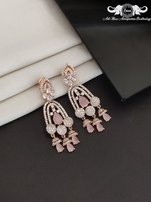 Wholesale Rose Gold AD Chandelier Earrings Pink Stone - Bulk