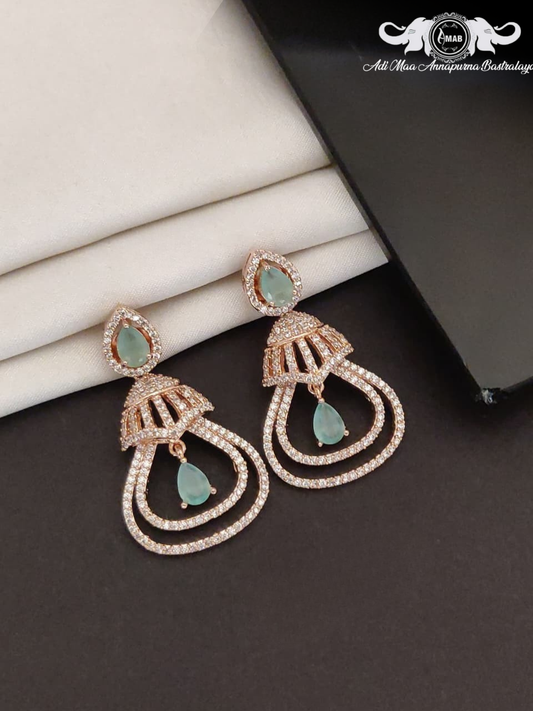 Wholesale Rose Gold AD Chandelier Earrings Mint Stone - Bulk