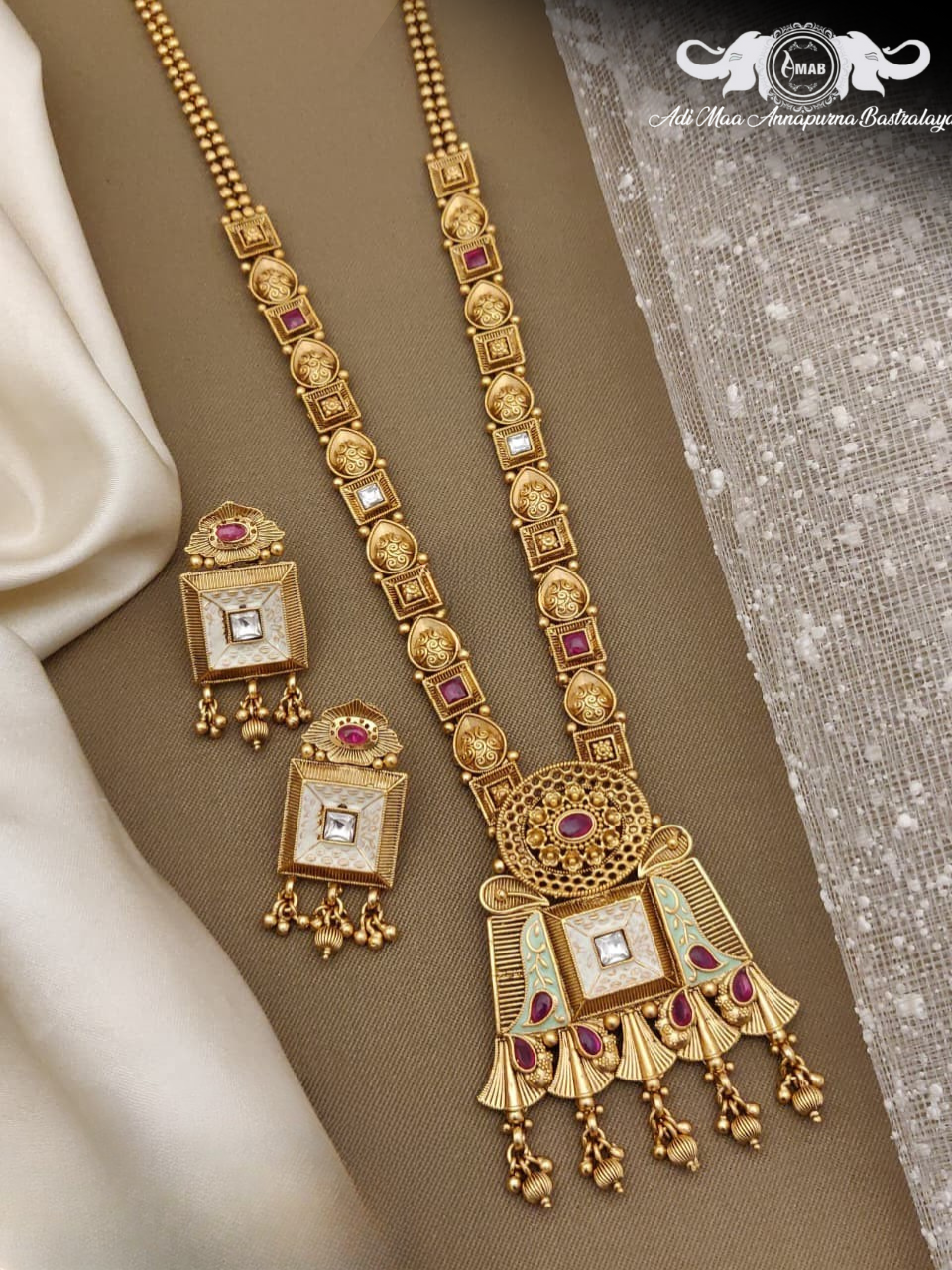 Wholesale Antique Temple Haram Set White Meenakari - Bulk