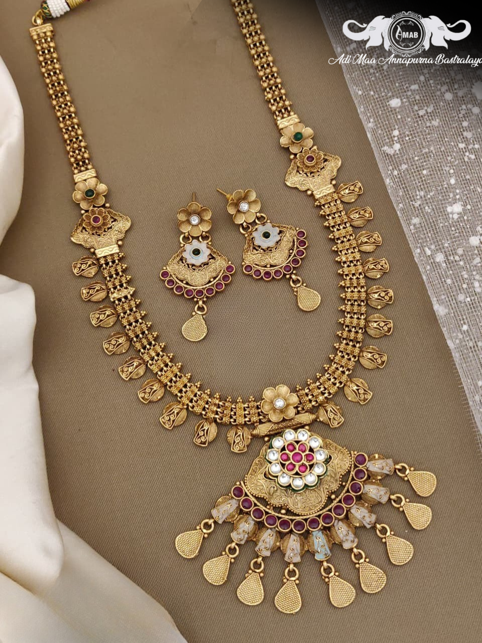 Wholesale Antique Gold Haram Set Meenakari Drops - Bulk