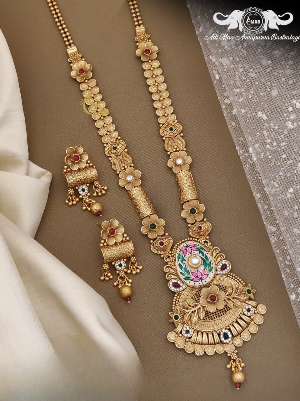 Wholesale Antique Gold Temple Haram Set Multi-Color Meena - Bulk