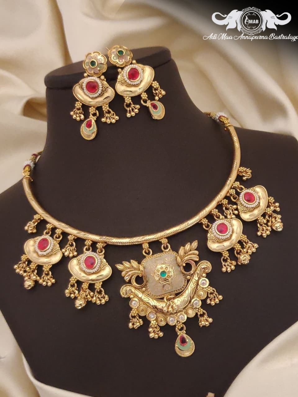 Wholesale Antique Gold Choker Set Ruby Meenakari - Bulk