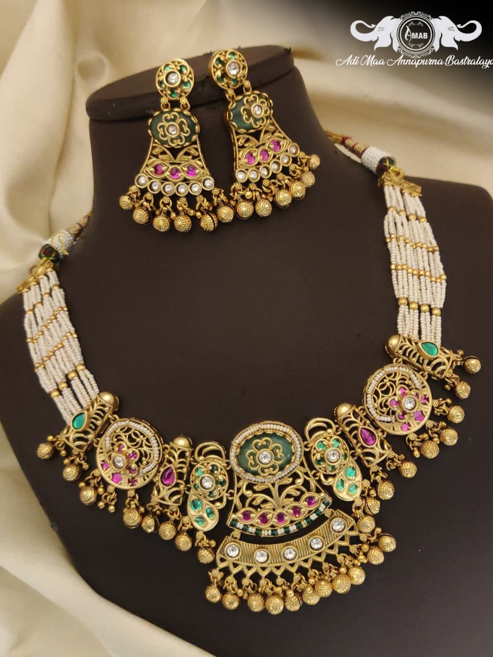 Wholesale Rajwadi Pearl Choker Set Green Enamel - Bulk
