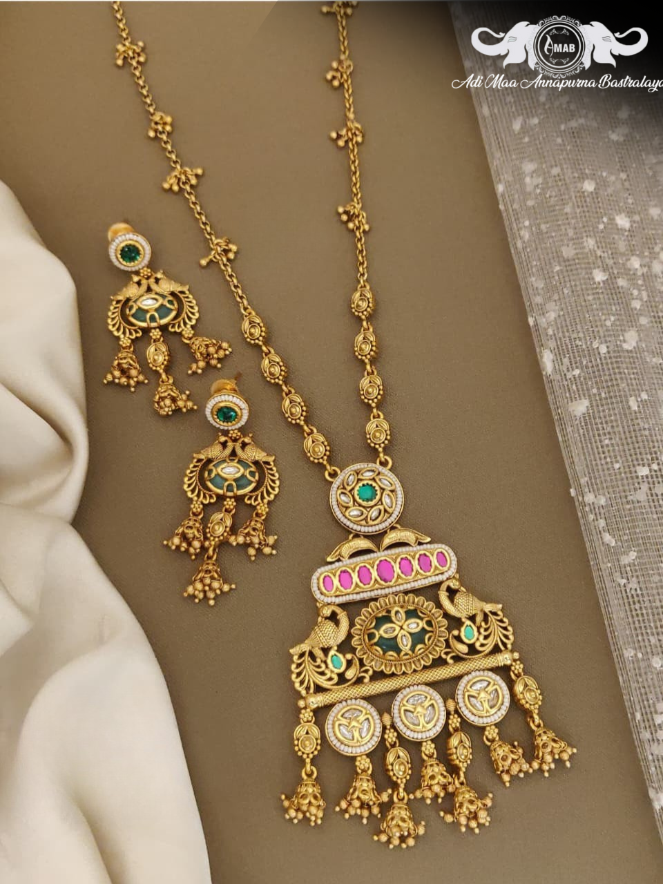 Wholesale Kundan Heritage Long Set Green Enamel - Bulk