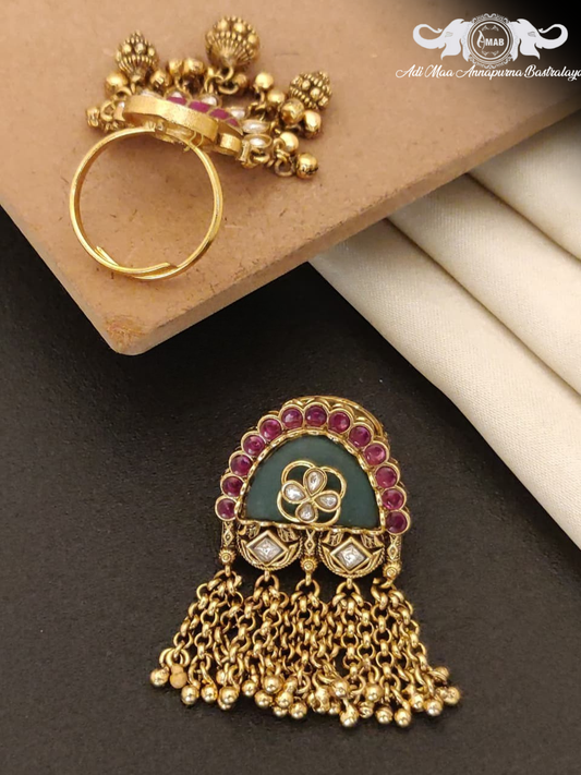 Wholesale Antique Gold Adjustable Ring with Jhallar Drop