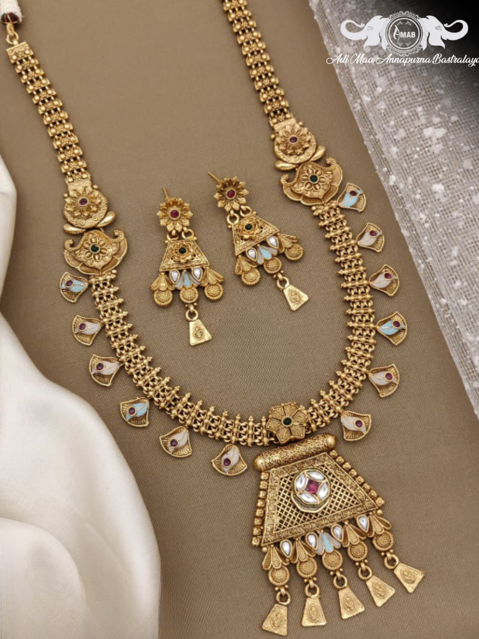 Wholesale Antique Gold Navratna Haram Set with Meenakari