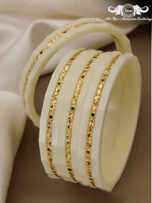 Wholesale Off-White Pola Bangles with Gold Stone Work