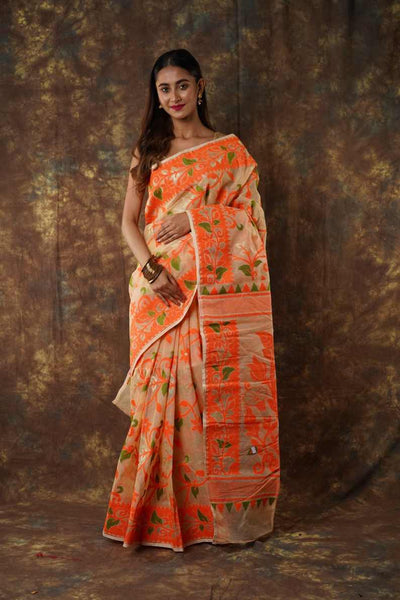 Traditional Bengal Cotton Silk Soft Jamdani Saree with orang colour floral  combination ,Handwoven in the Rich Heritage of Bengal Minakari Dhakai | Item Length: 5.5 Metres Width: 1.2 Meters | Without Blouse Piece.