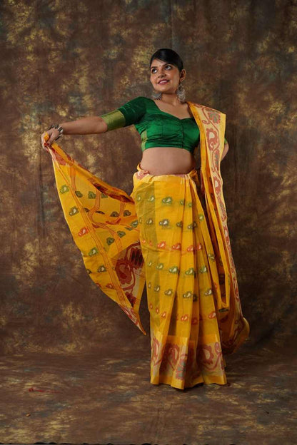 Traditional yellow colour combination Pure Cotton Bengali Handloom Tant Saree Without Blouse Piece 𝐒𝐢𝐳𝐞: Length: 5.5 Meters Width: 1.2 Meters Showcasing the Rich Cultural Heritage of Bengal.DN NO-1018