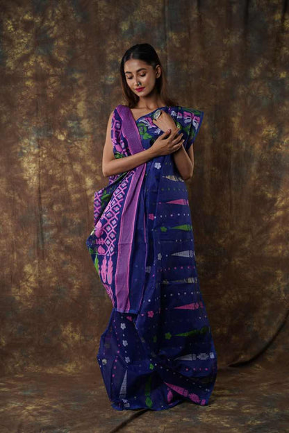 Traditional Bengal Cotton Silk Soft Jamdani Saree with navy blue colour   combination Blouse Piece. ,Handwoven in the Rich Heritage of Bengal Minakari Dhakai | Item Length: 5.5 Metres Width: 1.2 Meters | Without.DN NO-1006