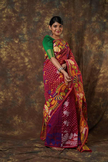 Traditional Bengal Cotton Silk Soft Jamdani Saree with Red & Orange combination ,Handwoven in the Rich Heritage of Bengal Minakari Dhakai | Item Length: 5.5 Metres Width: 1.2 Meters | Without Blouse Piece.DN NO-1011