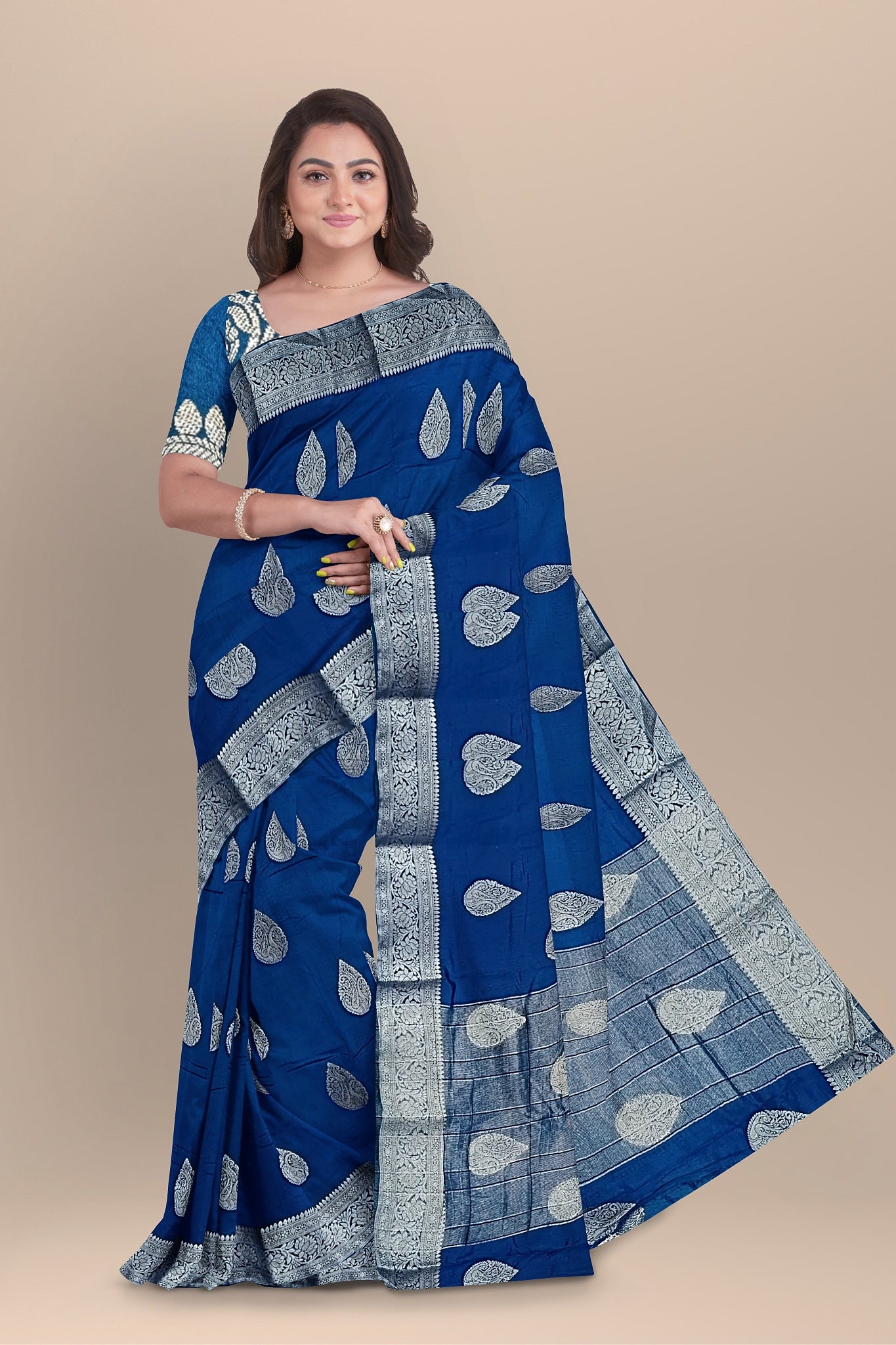 Royal Blue Silk Saree with Grand Kalka Designs and Matching Blouse