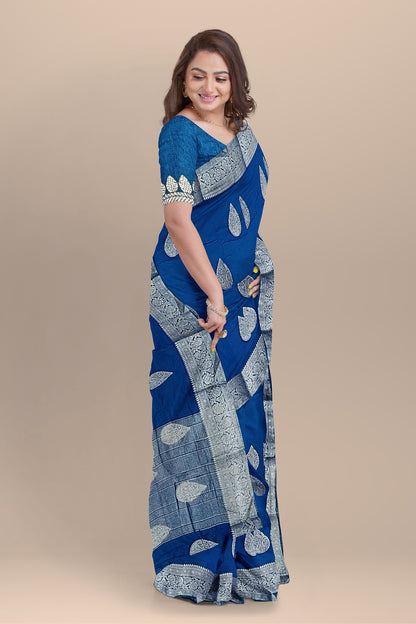 Royal Blue Silk Saree with Grand Kalka Designs and Matching Blouse