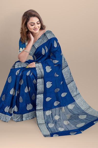 Royal Blue Silk Saree with Grand Kalka Designs and Matching Blouse