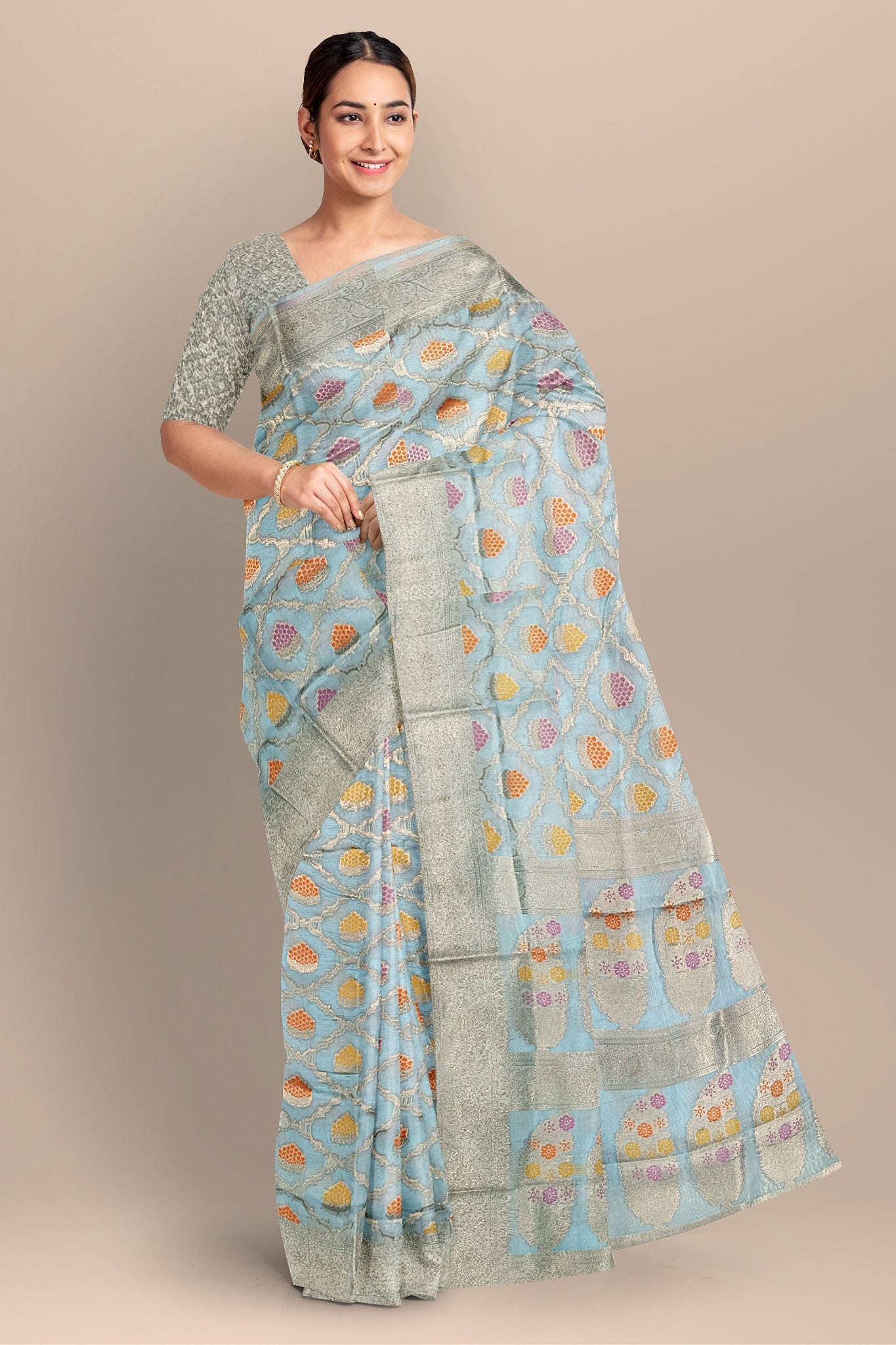 Light Sea Green Silk Saree with Jhuri and Big Kalka Work, Golden Barfi Blouse