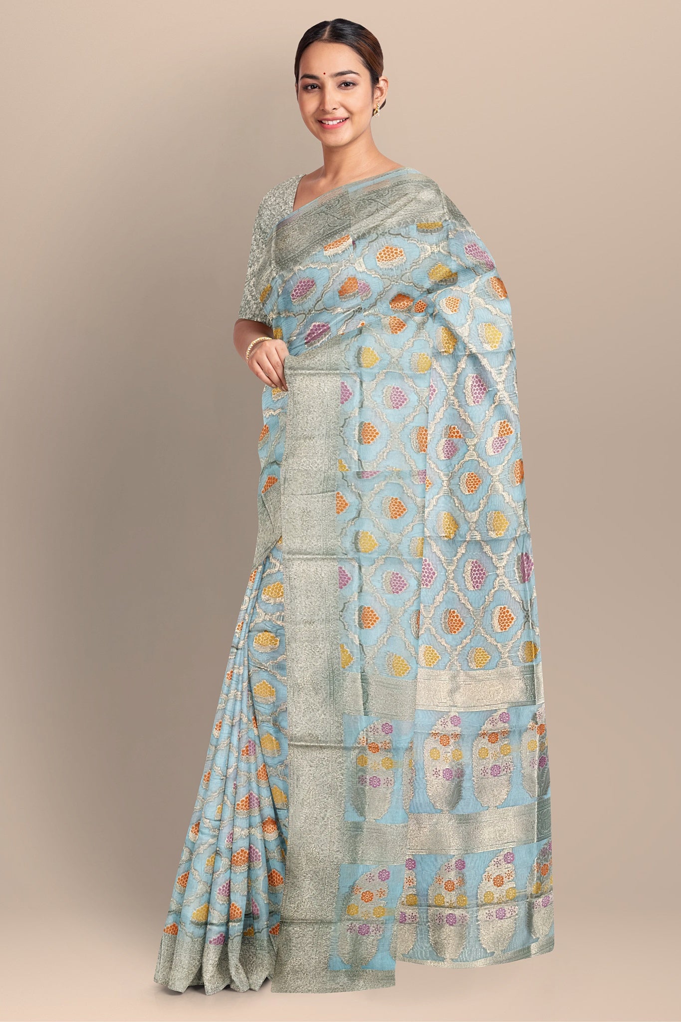 Light Sea Green Silk Saree with Jhuri and Big Kalka Work, Golden Barfi Blouse