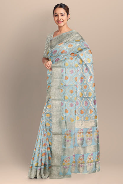 Light Sea Green Silk Saree with Jhuri and Big Kalka Work, Golden Barfi Blouse