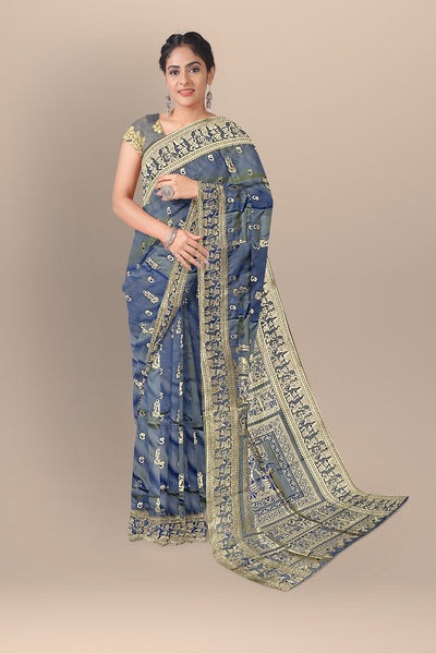 Exquisite Ash Silk Saree with Baluchuri & Queen Work and Matching Blouse