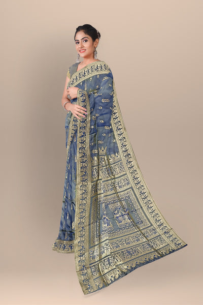 Exquisite Ash Silk Saree with Baluchuri & Queen Work and Matching Blouse